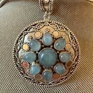 India Aquamarine Gemstone Floral 925 Silver  Enhancer - Gorgeous 2 1/2”